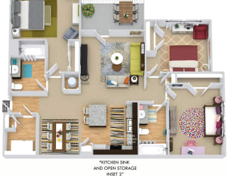 Sanderling. 3 bedroom apartment. Kitchen with island open to living/dinning rooms. 2 full bathroom. Walk-in closets. Patio/balcony.