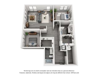 2 bedroom floorplan with entrance hall leading to Laundry room. Next stop is the twwo bedrooms and a guest bath. Primary bedroom has Walk-in closet that leads to private bath. Kitchen/living/dining area in back corner of apartment.