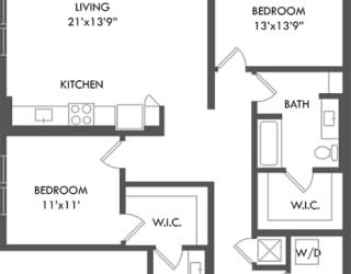 2 bedroom floorplan with entrance hall leading to Laundry room. Next stop is the twwo bedrooms and a guest bath. Primary bedroom has Walk-in closet that leads to private bath. Kitchen/living/dining area in back corner of apartment.