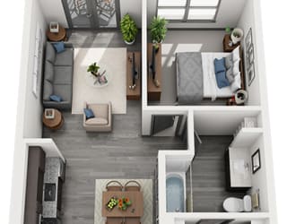 3d 1 bedroom floorplan with entrance open to kitchen and dining area, overlooking living space. W/D located off of kitchen.bedroom. bathroom accessible from hall, leading to walk-in closet.