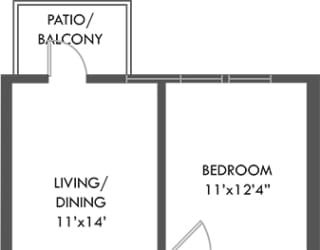 1 bedroom floorplan with entrance open to kitchen and dining area, overlooking living space. W/D located off of kitchen.bedroom. bathroom accessible from hall, leading to walk-in closet.