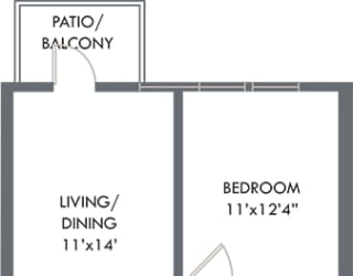 1 bedroom floorplan with entrance open to kitchen and dining area, overlooking living space. W/D located off of kitchen, bedroom with private bathroom, leading to walk-in closet.
