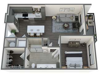 a 3d floor plan of a studio apartment with a bedroom and living room