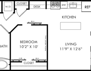 a floor plan of a house with a bedroom and a living room and a kitchen