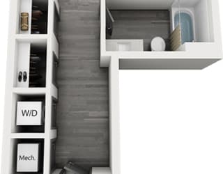 3D studio apartment. entrance hallway with laundry and two closets. kitchen open to living/sleeping area. bathroom
