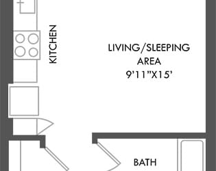 studio apartment. entrance hallway with laundry and two closets. kitchen open to living/sleeping area. bathroom