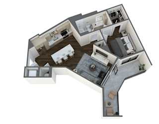 a 3d floor plan of a home with a bedroom and a living room
