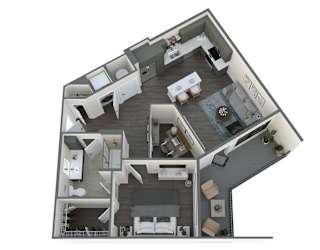 a 3d floor plan with a bedroom and a living room