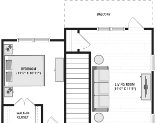 1 bedroom floorplan on 2nd floor. Stairs open into Kitchen with peninsula island. Kitchen overlooks living room area. Stackable washer/dryer in closet in kitchen. Bathroom with linen cabinet. Bedroom with large walk-in closet.