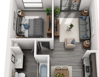 3D 1 bedroom floorplan with kitchen and dining area, stackable washer/dryer. Living area with patio/balcony. bathroom entrance from living and bedroom. walk in closet attached to bathroom