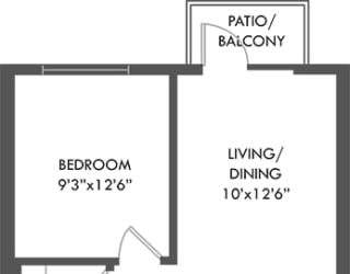 1 bedroom floorplan with kitchen and dining area, stackable washer/dryer. Living area with patio/balcony. bathroom entrance from living and bedroom. walk in closet attached to bathroom