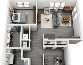 3D 1 bedroom floorplan. entrance hallway with doors to bathroom. Study with two closets on opposite side of hallway. W/D also in hallway. Kitchen overlooking dining/living area. Bedroom leads to Walk-in closet which leads to bathroom with linen shelving.