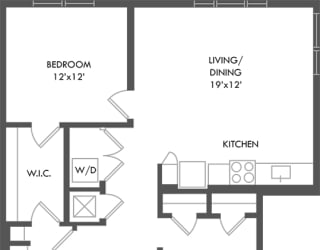 1 bedroom floorplan. entrance hallway with doors to bathroom. Study with two closets on opposite side of hallway. W/D also in hallway. Kitchen overlooking dining/living area. Bedroom leads to Walk-in closet which leads to bathroom with linen shelving.