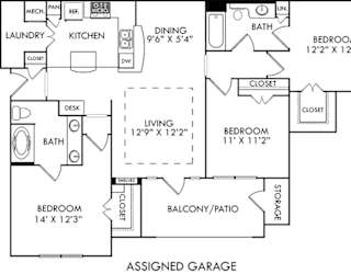 a floor plan of a house with bedrooms and baths and a garage