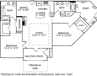The London with Study and Fenced-in Yard. 2 bedroom apartment. Kitchen with bartop open to living/dining rooms. Study room. 2 full bathrooms, double vanities. Walk-in closets. Patio/balcony.