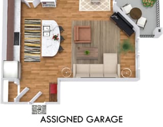 The Longhorn with Assigned Garage 3D. 1 bedroom apartment. Kitchen with island open to living/dinning rooms. 1 full bathroom. Walk-in closet. Patio/balcony.