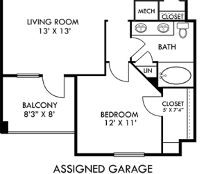 Madrid with Assigned Garage 3D. 1 bedroom apartment. Kitchen with bartop open to living/dinning rooms. 1 full bathroom. Walk-in closet. balcony. External storage. Assigned Garage