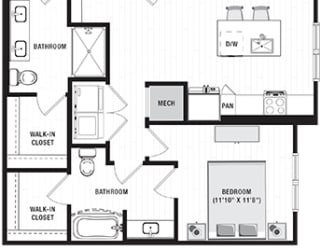 2 bedroom first floor apartment. patio entrance opens into living room area. leads to kitchen with island and pantry. full size washer/dryer in closet off of the kitchen, next to guest access to bathroom. bathroom connects to bedroom and large walk-in closet. 2nd bedroom with private bath and dual sink vanity. Standalone shower. bath connects to large walk-in closet.