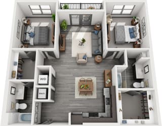 2 bedroom floorplan. L-shaped kitchen overlooking dining and living area.  bedrooms on opposite sides of the apartment. Walk-in closets. 2 bathrooms. W/D in kitchen area. Patio/Balcony.