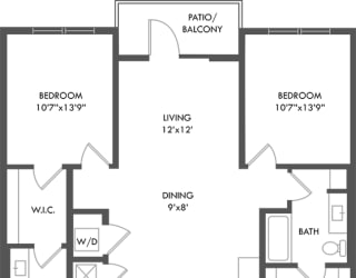 2 bedroom floorplan. L-shaped kitchen overlooking dining and living area.  bedrooms on opposite sides of the apartment. Walk-in closets. 2 bathrooms. W/D in kitchen area. Patio/Balcony.