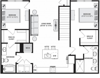 2 bedroom 2 bath 2nd floor apartment. stairwell opens into L-shaped kitchen with island overlooking living room. bedrooms on opposite sides of floorplan. master bath has private bath with dual vanity and walk-in shower. full size washer/dryer. private balcony