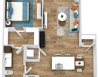 1 bedroom first floor apartment  entry opens into living room area which leads to the kitchen with island and pantry. Stackable Washer/Dryer. Guest access to bathroom. bathroom leads to large walk-in closet which is attached to the bedroom.