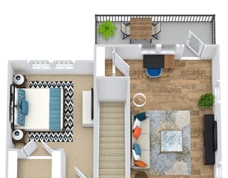 1 bedroom floorplan on 2nd floor. Stairs open into Kitchen with peninsula island. Kitchen overlooks living room area. Stackable washer/dryer in closet in kitchen. Bathroom with linen cabinet. Bedroom with large walk-in closet.
