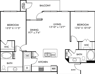 Nelson 2 bedroom apartment. Kitchen with island open to living & dining rooms. 2 full bathrooms. Walk-in closet in both bedrooms. Patio/balcony.