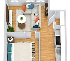 3D Studio apartment with 1 Bath. Entrance hallway has door to bathroom, stackable washer/dryer, and kitchen. Living area in the back of the floorplan with sliding door partition into bedroom with closet.