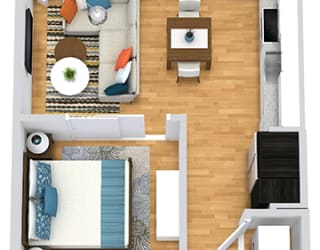 3D Studio apartment with 1 bath. Entrance hallway has coat rack and bench and open shelving. Entrance to Bathroom and washer/dryer. Opens into kitchen and living area. Bedroom off of living area separated by sliding door. 2nd entrance to bathroom from the bedroom. Juliette Balcony.