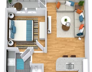3D 1 bedroom 1 bath floorplan. Entry opens into kitchen with peninsula couters overlooking the living area.  Entrance to bedroom from the living room. Bathroom access available from living as well as bedroom. Walk-in closet with stackable washer/dryer. Balcony off of living room