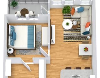 3D 1 bedroom 1 Bath floorplan with entrance open to kitchen with l-shaped countertops overlooking living area. Entrance to bedroom off of living. Walk-in closet with stackable washer/dryer that leads to private bath. Entrance to balcony off of living