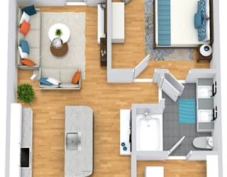 3D 1 bedroom 1 bath floorplan with entrance open to kitchen with l-shaped countertops and island. Open to living area and balcony. Bedroom off of living with entrance to bath. guest entrance to bath from living. Walk-in closet through the bathroom with stackable washer/dryer