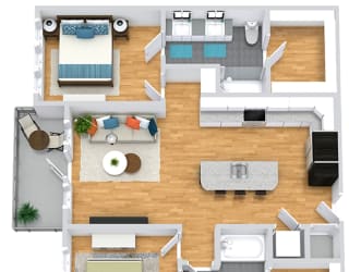 3D  2 bedroom 2 bath floorplan. entrance opens to stackable washer/dryer closet and l-shaped kitchen with island. Large living space. Bedrooms on opposite sides of floorplan. primary bath has double sink vanity, standalone shower and and walk-in closet. Other bedroom has guest bath and walk-in closet
