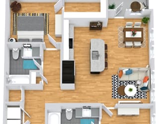 3D 2 bedroom 2 bath floorplan. entrance opens to full size washer/dryer closet. round the corner to the kitchen with island that overlooks the dining and living area. One bedroom off of living area with walk-in closet and bath. guest bedroom down the hall behind the kitchen area. hall also leads to guest bath. Balcony access from living room.