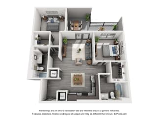 2 bedroom floorplan. L-shaped kitchen overlooking dining and living area.  bedrooms on opposite sides of the apartment. Walk-in closets. 2 bathrooms. W/D in kitchen area.