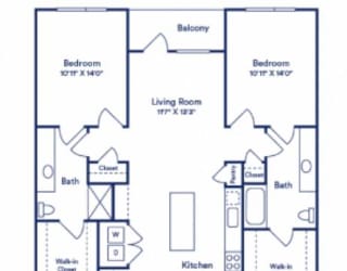 blue and white floor plan of a bedroom apartment