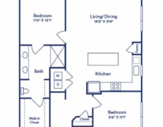blue and white floor plan of a bedroom apartment