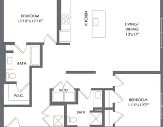 2 bedroom floorplan. Entrance hall leads to kitchen/living/dining areas. guest bathroom with standalone shower. bedrooms on opposite ends of apartment. primary bedroom has private bathroom that leads to Walk-in closet. W/D.
