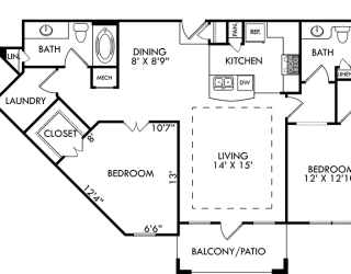 The Rome. 2 bedroom apartment. Kitchen with bartop open to living/dining rooms. 2 full bathrooms. Walk-in closets. Patio/balcony.