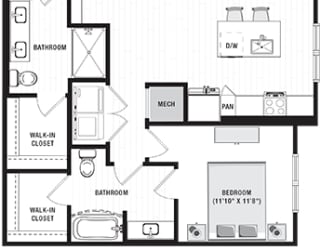 2 bedroom second floor apartment. stairwell entrance opens into kitchen with island and pantry. over looks the living room area. full size washer/dryer in closet off of the kitchen, next to guest access to bathroom. bathroom connects to bedroom and large walk-in closet. 2nd bedroom with private bath and dual sink vanity. Standalone shower. bath connects to large walk-in closet.