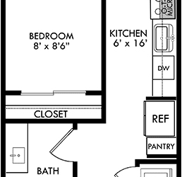 Studio apartment with 1 Bath. Entrance hallway has door to bathroom, stackable washer/dryer, and kitchen. Living area in the back of the floorplan with sliding door partition into bedroom with closet.