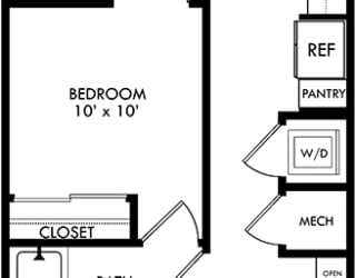 Studio apartment with 1 bath. Entrance hallway has coat rack and bench and open shelving. Entrance to Bathroom and washer/dryer. Opens into kitchen and living area. Bedroom off of living area separated by sliding door. 2nd entrance to bathroom from the bedroom. Juliette Balcony.