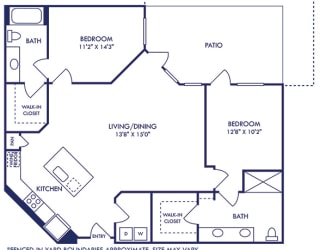 2 bedroom 2 bath floorplan. entrance opens up into kitchen with island overlooking living/dining area. full size washer/dryer in laundry room. bedrooms on opposite sides of floorplan. primary bathroom with dual vanity. patio/balcony access from living room. Fenced-in Yard