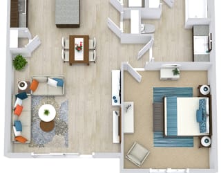 3d 1 bedroom floorplan with L-shaped Kitchen and Island. Pantry, Living/Dining Area, Bedroom and bathroom with Bath/Shower and Walk-in Closet