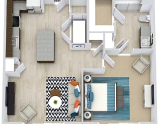 3d1 bedroom floorplan with L-shaped Kitchen and Island. Pantry, Living/Dining Area, Bedroom and bathroom with Shower and Walk-in Closet