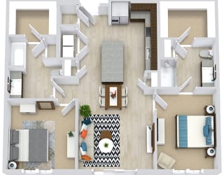 2 Bedroom 2 bath floorplan with L-shaped kitchen, pantry, w/d. one bathroom has a tub/shower while the other is a standalone shower. Walk-in closets. optional 1 and 2 foot bedroom extensions