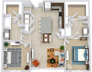 2 bedroom 2 bath floorplan with l-shaped kitchen and island. wld closet, dining area and living area. large walk-in closets. Fenced-in Yard