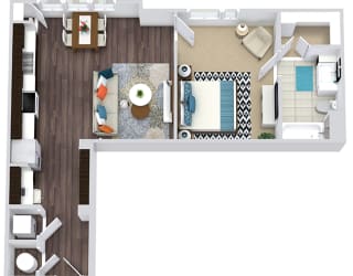 1 bedroom. 1 bath floorplan. galley style entry with built-in desk, butlers pantry leading to kitchen with pantry. Open to living/dining. Stackable W/D.