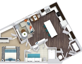 1 bedroom, 1 bath floorplan. entry nook. built-in desk with pantry in L-shaped kitchen. kitchen island. Window over sink. Double sink vanity with linen. washer/dryer.